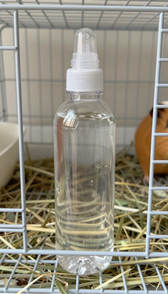 No-drip water bottle mounted on guinea pig cage with a droplet of water at the spout.
