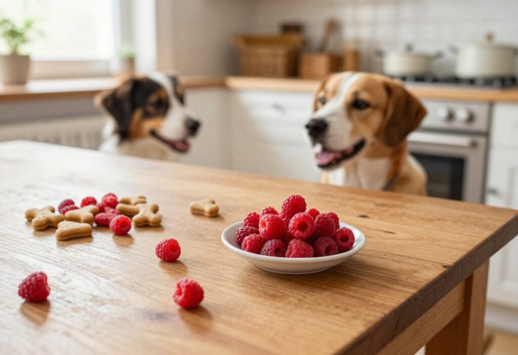 Homemade raspberry dog treats on a wooden table with fresh raspberries and a dog looking on.