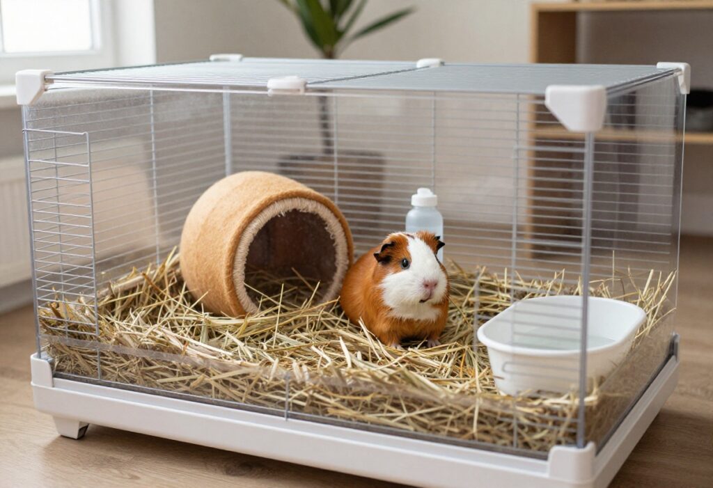 Guinea pig cage with enrichment toys including tunnel, hideout, and hay ball.