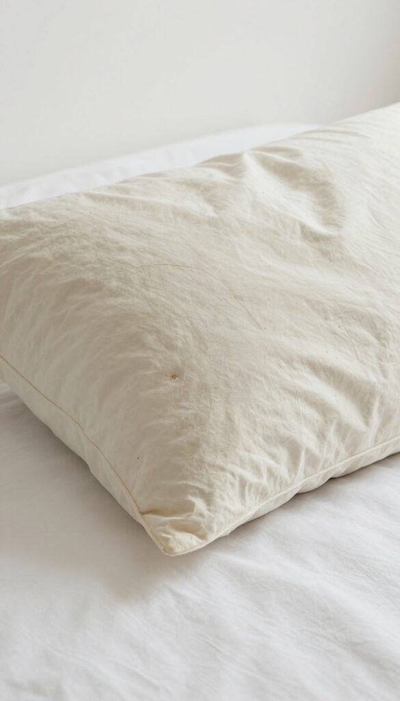 A lumpy, worn-out pillow on a bed, indicating it needs replacement.