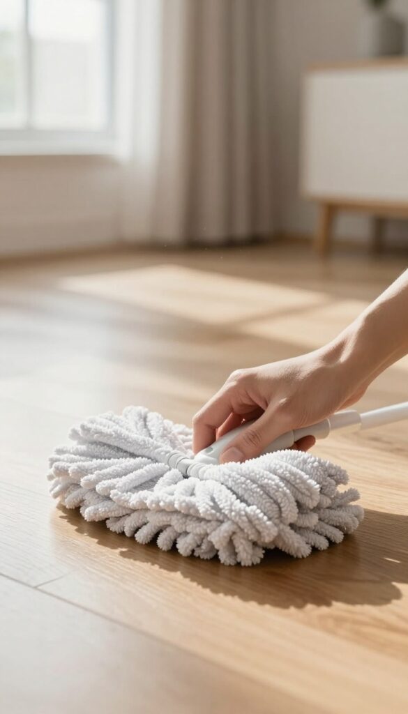 Person dusting hardwood floor with dry microfiber mop in bright room