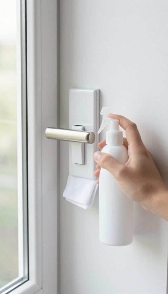 Clean light switch and door handle with cleaning supplies nearby