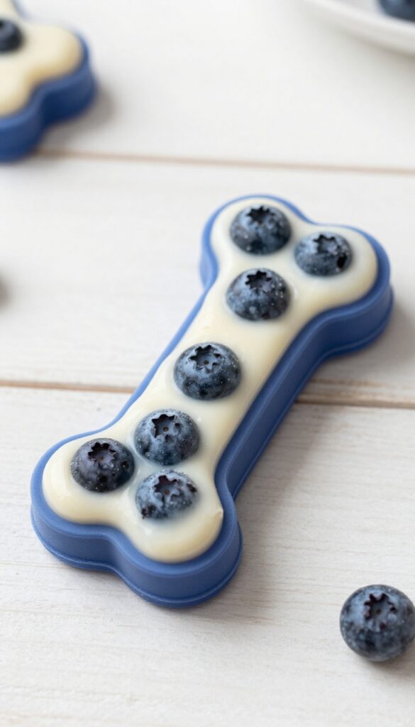 Frozen barley, yogurt, and blueberry dog treats in a silicone bone mold on a wooden table.