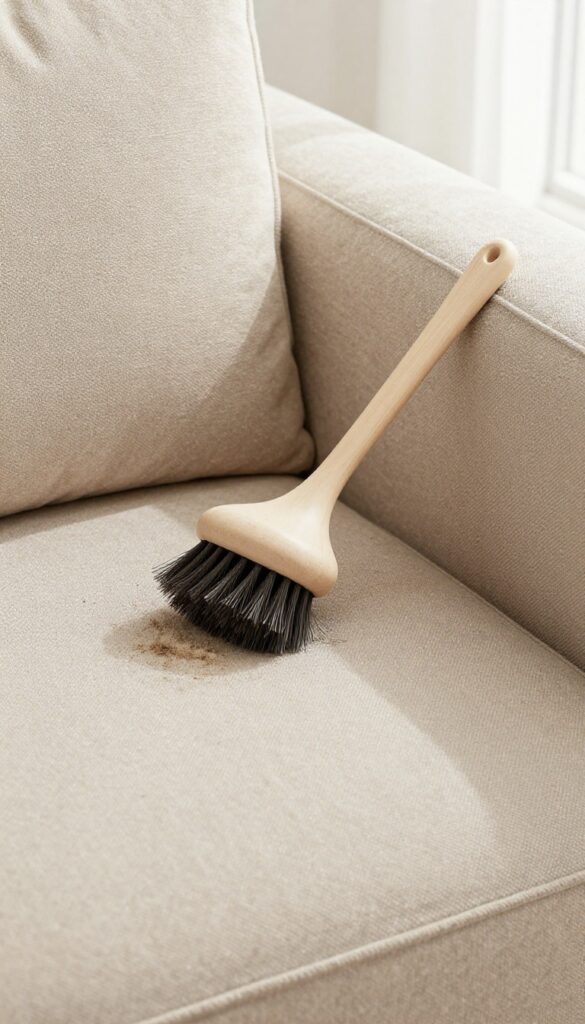Soft-bristled brush on a microfiber couch cushion with dust and pet hair, bright natural light
