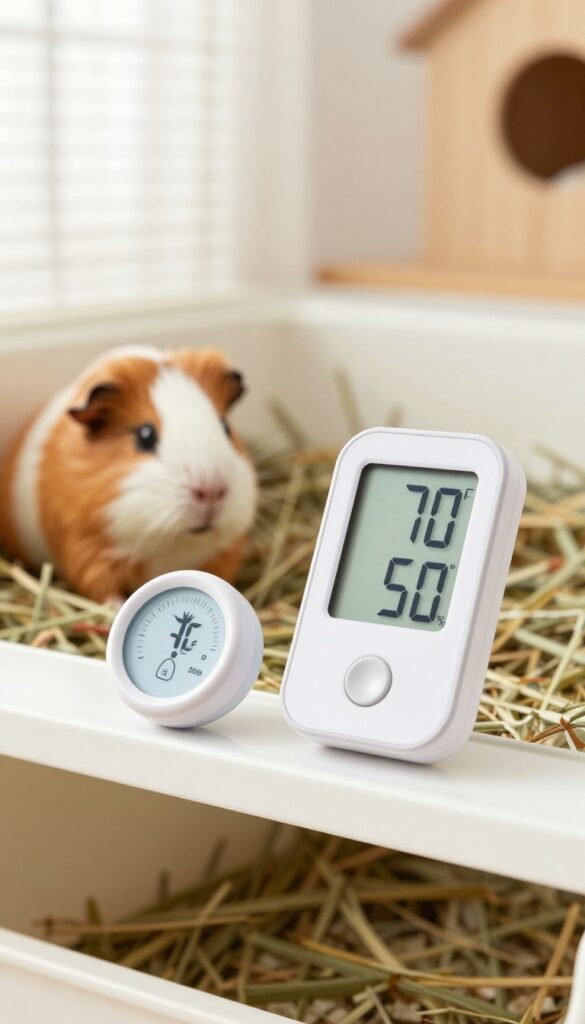 Digital thermometer and humidity gauge on a guinea pig cage in a bright room