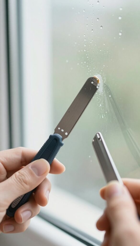Hand scraping paint splatter from wet window glass with razor blade.