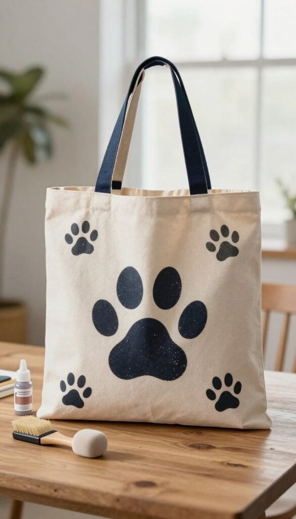 Canvas tote bag with a dog paw print stamped in fabric paint, foam brush and paint bottle beside it on a wooden table.