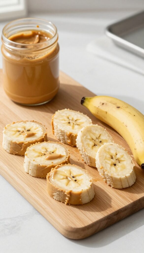 Homemade peanut butter and banana dog treat roll-ups sliced into pinwheels on a cutting board with ingredients nearby.