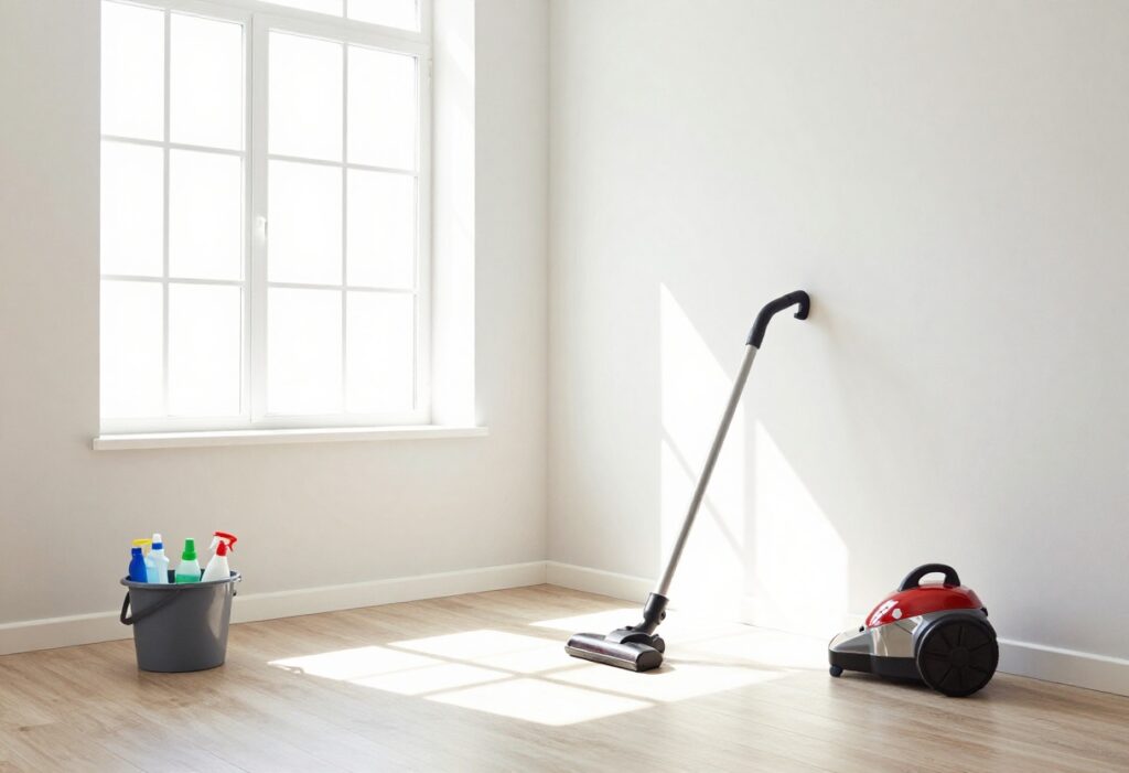 Bright living room with cleaning supplies and vacuum ready for deep cleaning