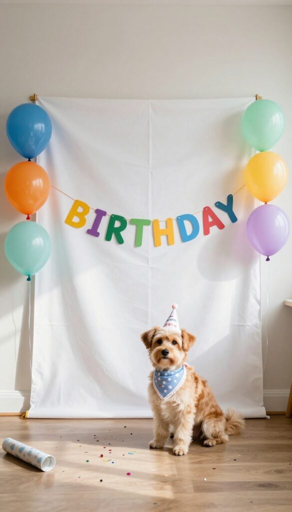 Dog photo booth setup with balloons, backdrop, and a dog in a birthday hat