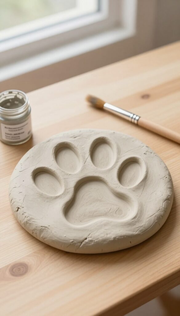 Clay paw print keepsake on a wooden table with paint supplies