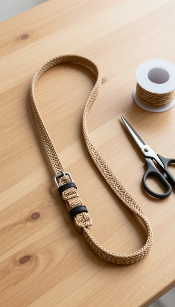 Double handle paracord dog leash on wooden table with crafting supplies