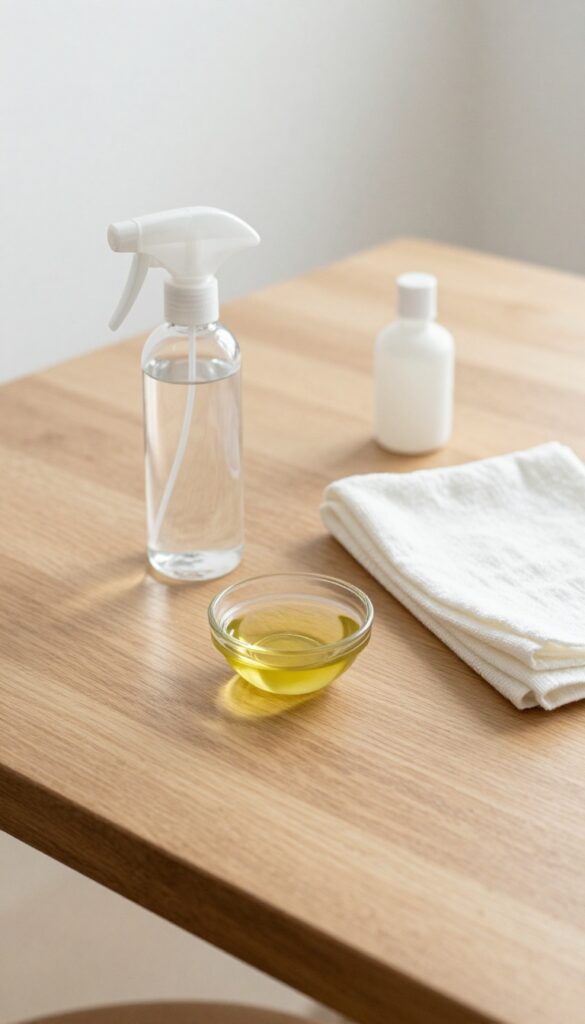 Cleaning supplies on polished wood table: spray bottle, olive oil, vinegar, and microfiber cloth