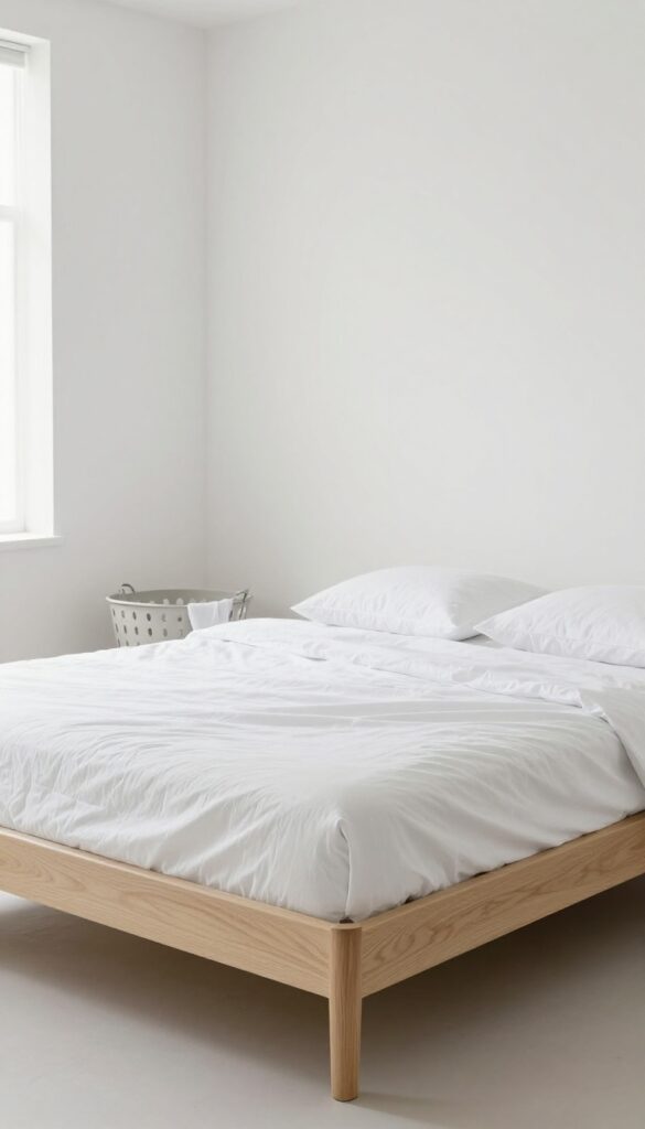 Stripped bed with bedding in laundry basket, clean bedroom reset