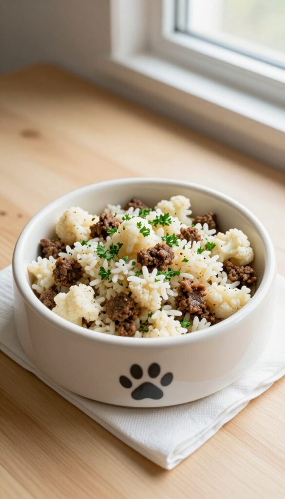 Cauliflower rice and beef bowl topper on dog kibble in a bowl