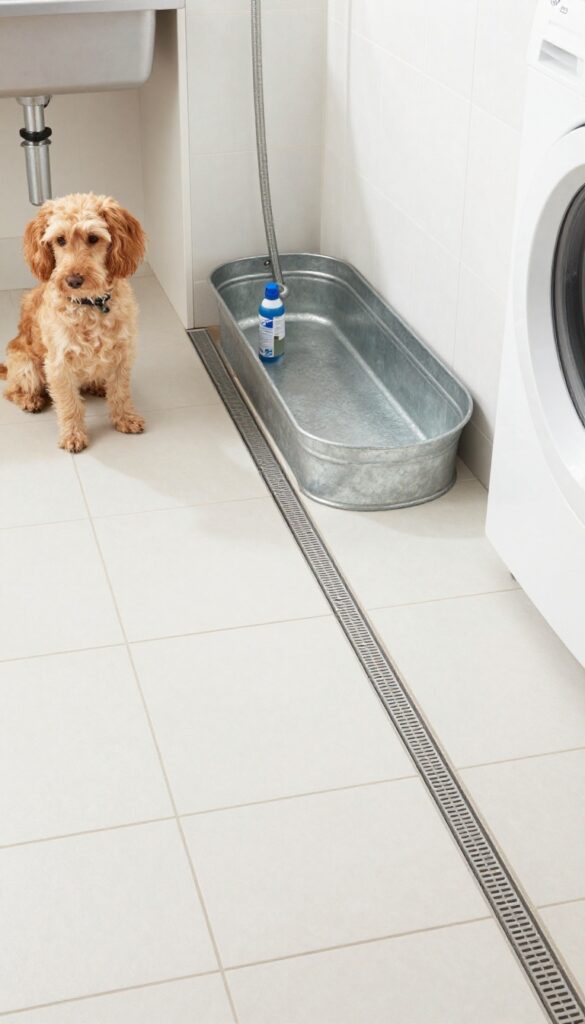 Sloped floor drain in a dog washing station laundry room