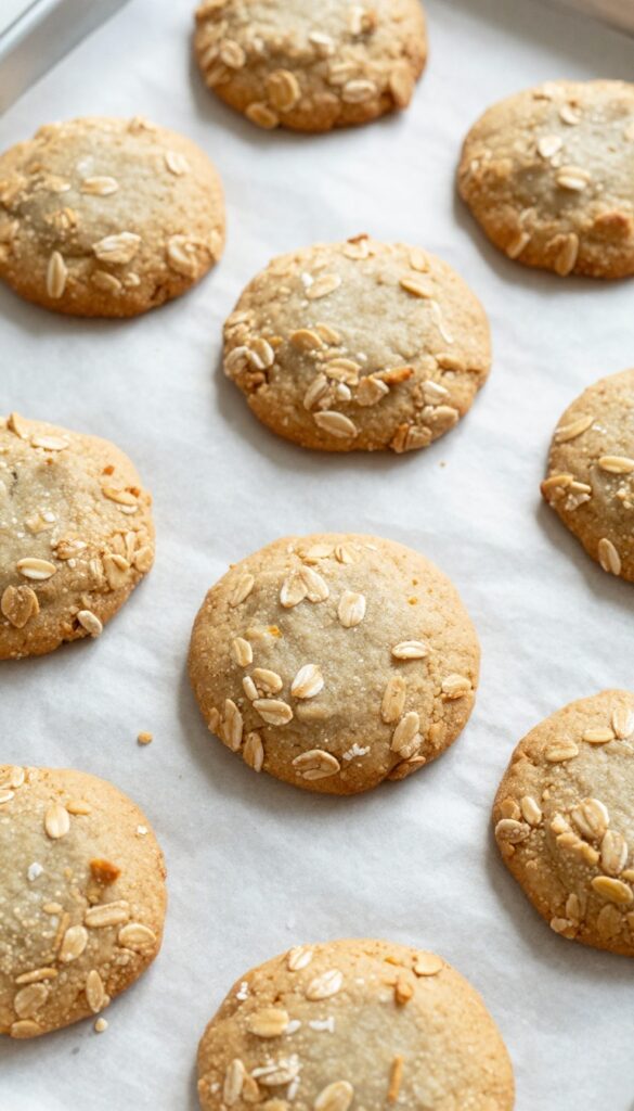 Homemade oatmeal and apple dog cookies on a parchment-lined baking sheet, golden brown and textured with rolled oats.
