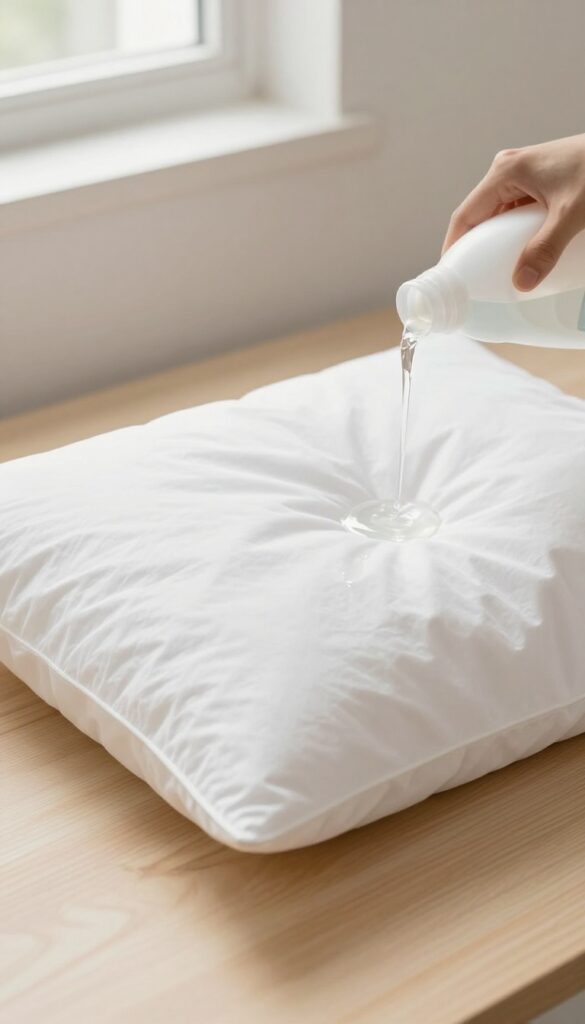 Pouring mild liquid detergent onto a white pillow on a wooden surface