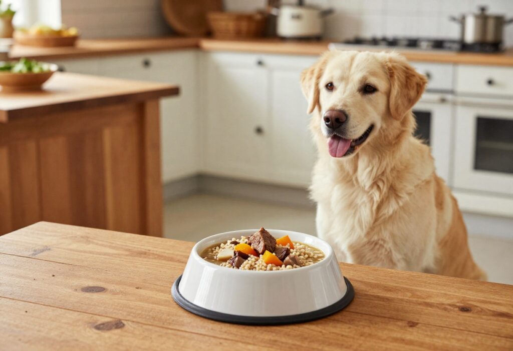 Homemade barley dog stew in a bowl with a happy dog nearby
