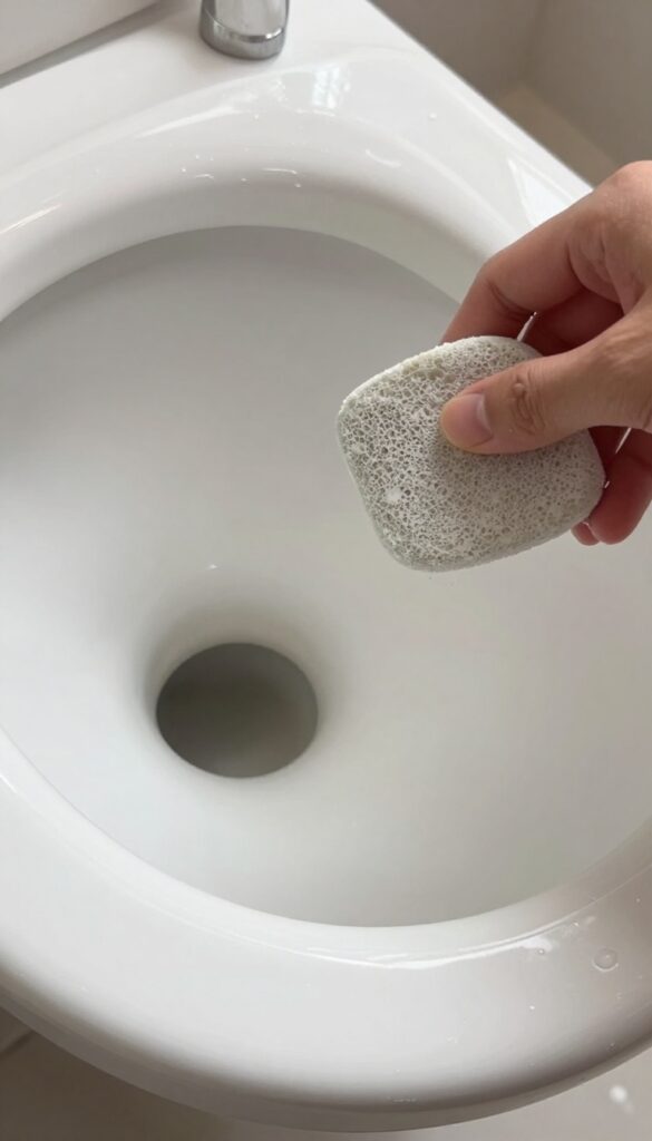 Hand scrubbing a toilet bowl ring with a wet pumice stone