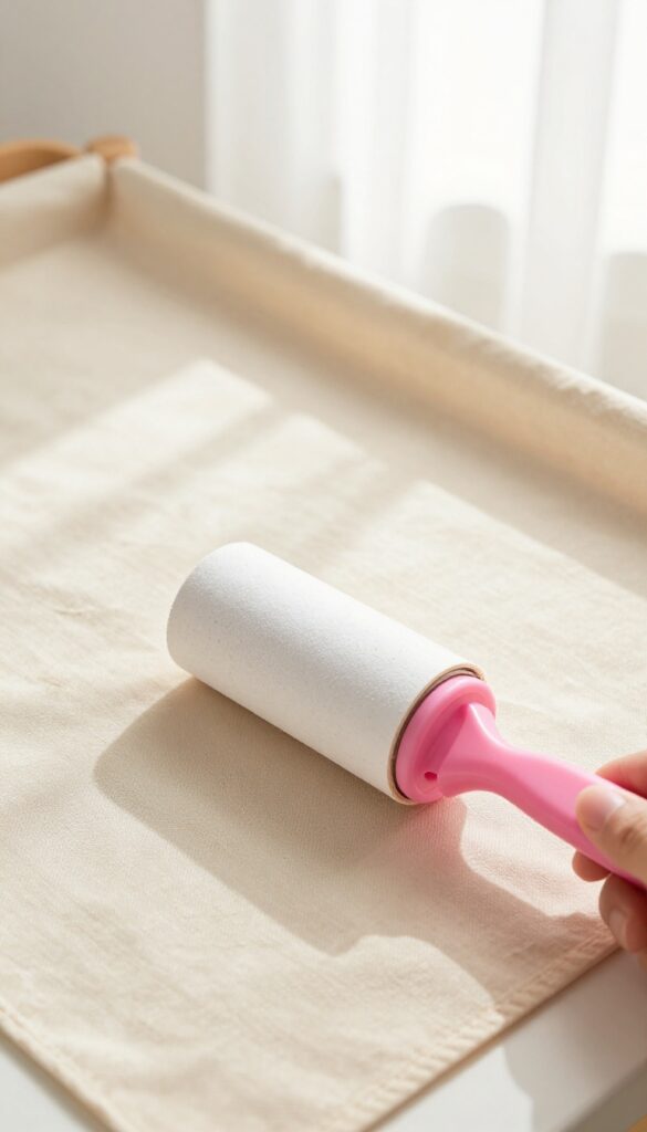 Hand using a lint roller to clean dust off a fabric shelf liner in a bright room