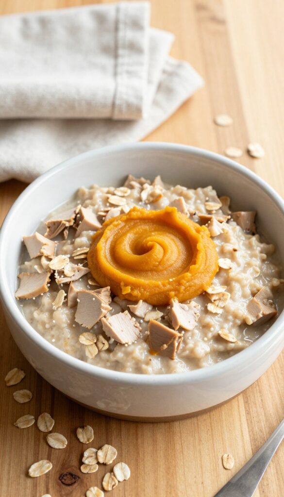 Homemade turkey gizzard and oatmeal porridge for dogs in a bowl, with pumpkin purée swirl, on a wooden table.