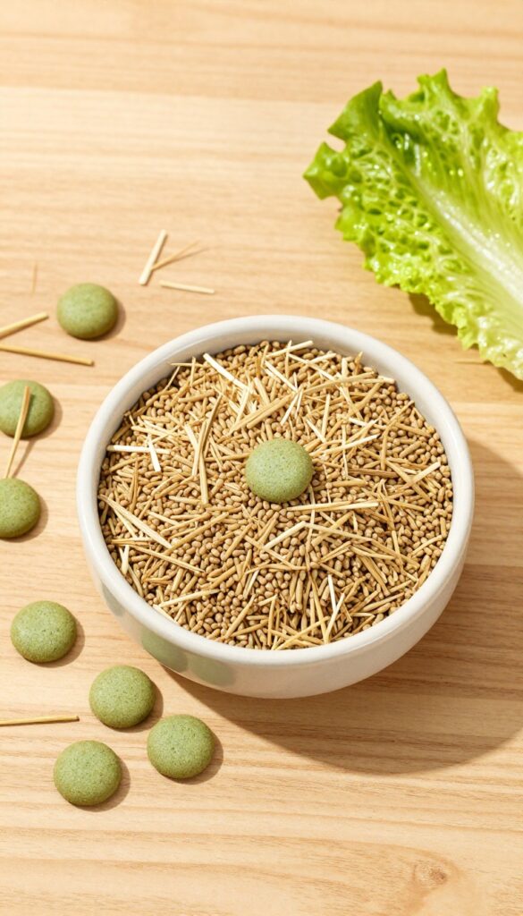 A bowl of hay-based guinea pig treats on a wooden table with fresh hay and lettuce.