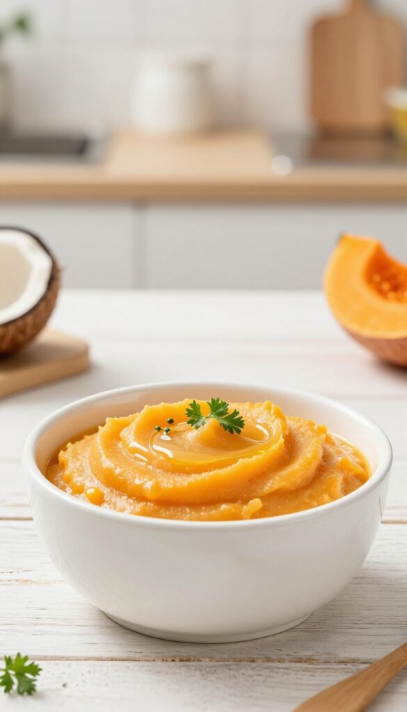 Homemade butternut squash and sweet potato mash in a dog bowl, a gentle and soothing dog food topper or snack for sensitive stomachs.