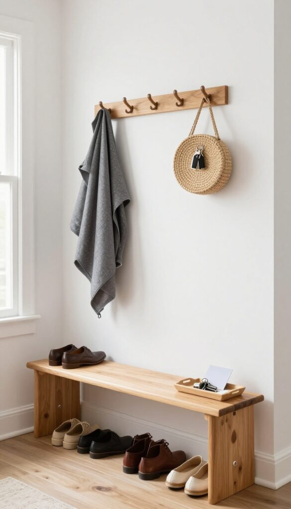 Organized entryway with shoe bench, hooks, and tray for keys and mail