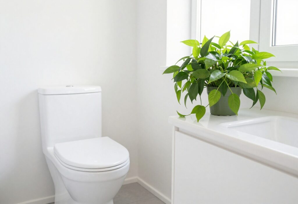 Clean white toilet in a bright modern bathroom with a plant