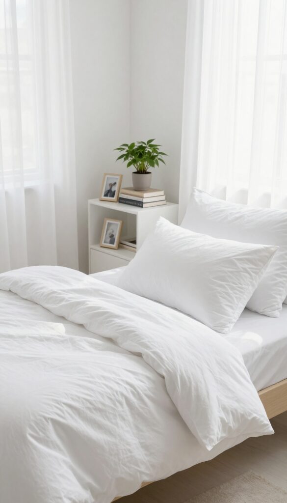 A made bed with fresh white linens and layered pillows, with a small plant and books on a nightstand, in bright natural light.