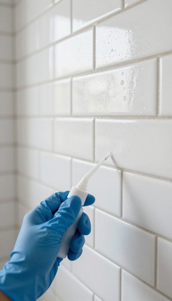 Hand applying grout sealer with applicator bottle on clean white tile wall