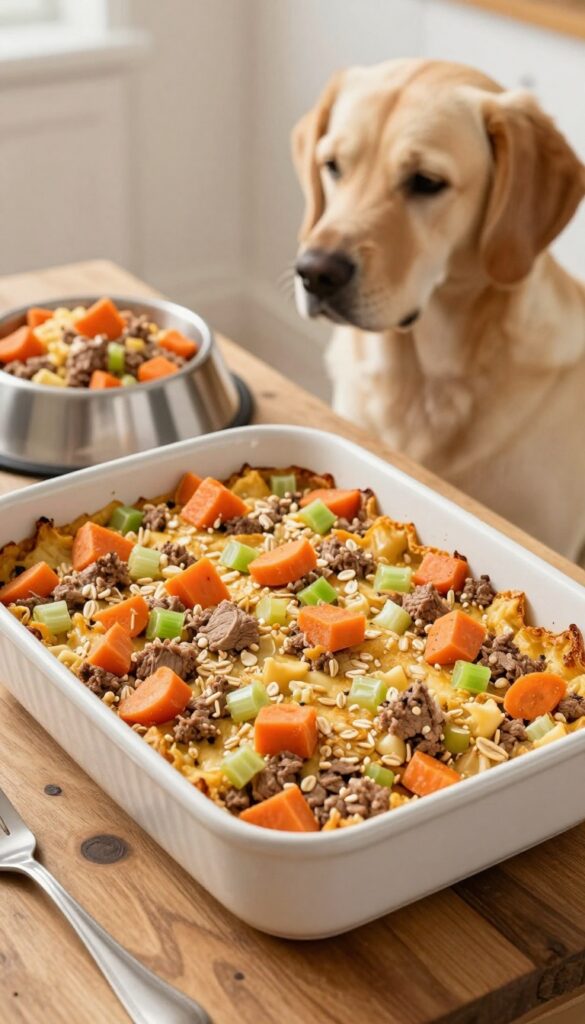 Homemade venison and carrot casserole for dogs baked in a dish, with a dog bowl portion and a dog waiting nearby.