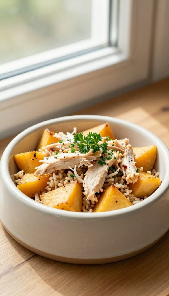 A dog bowl filled with roasted parsnip, shredded chicken, and brown rice, garnished with parsley, on a wooden table in natural light.