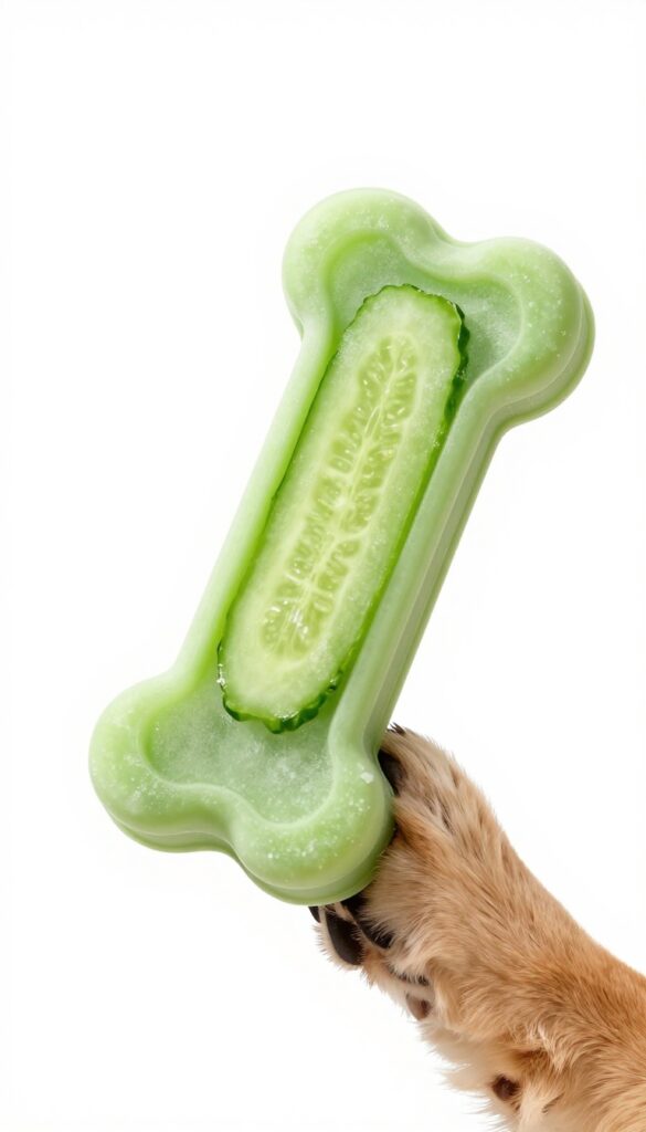 Frozen cucumber and yogurt dog treat pops in silicone molds, homemade dog snack.