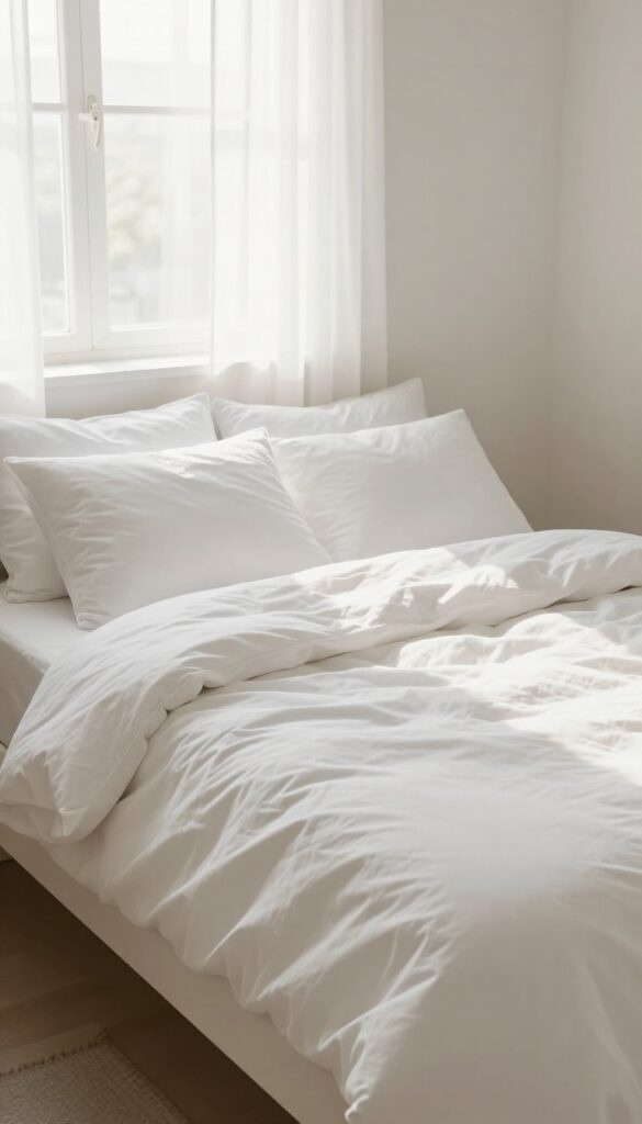 A neatly made bed in a sunlit bedroom, conveying a sense of calm and order.
