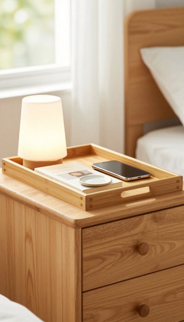 A clean nightstand with a bamboo tray holding a lamp, book, phone, and coaster, creating an organized and clutter-free look.