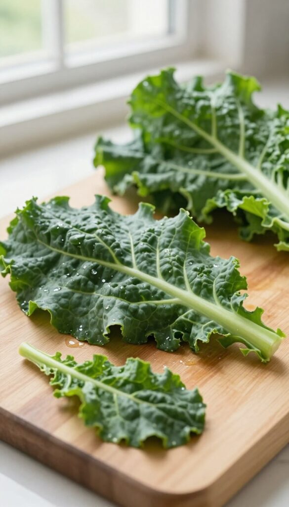 Fresh kale leaves on a wooden cutting board, with water droplets, natural lighting, and a blurred kitchen background.