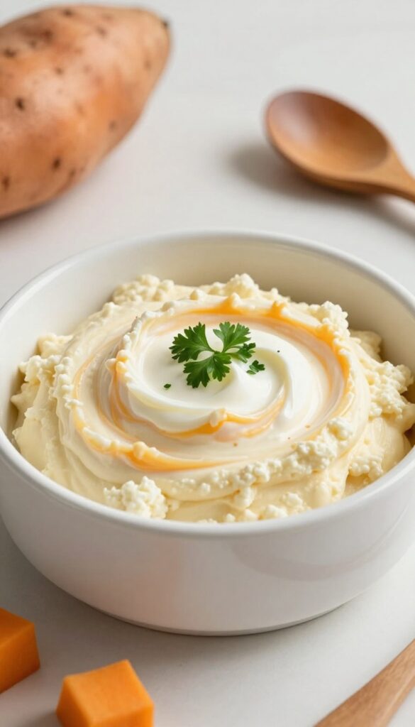 Homemade sweet potato and cottage cheese mash for dogs in a white bowl, creamy texture with yogurt garnish.