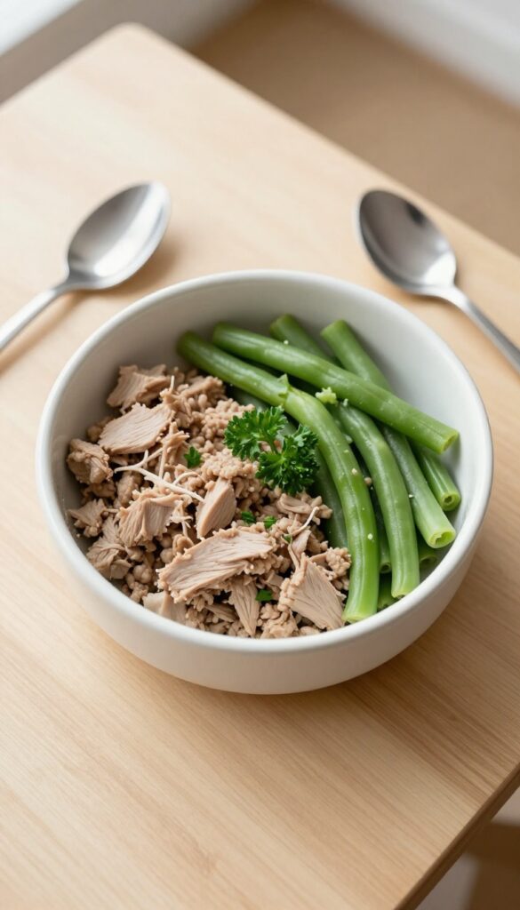 Homemade dog lunch bowl with turkey and green beans for small portions