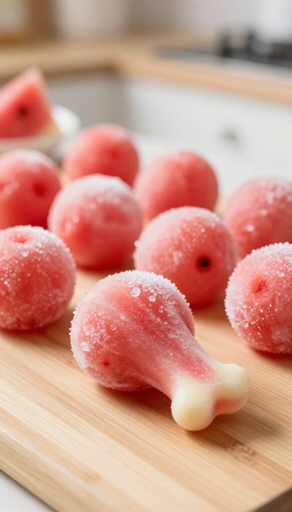 Frozen watermelon and yogurt dog treats in bone and round shapes on a wooden surface, homemade frozen dog treats.