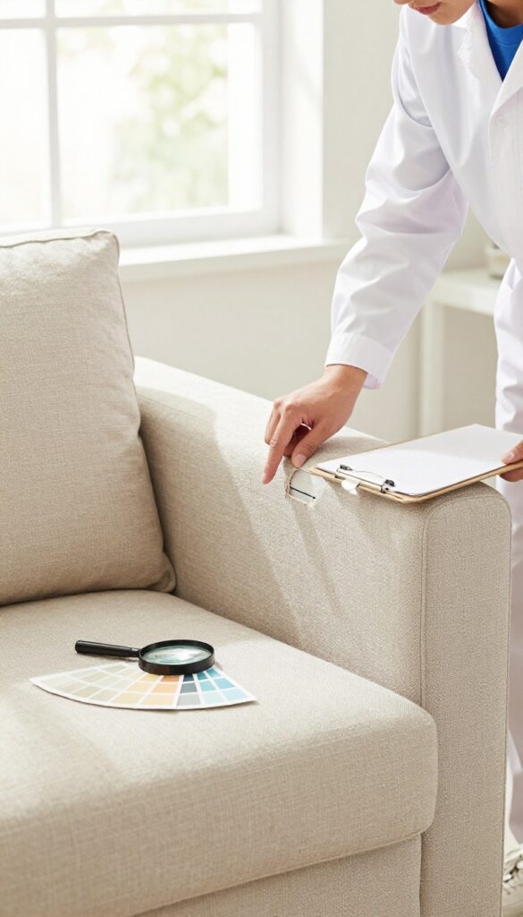 Professional technician inspecting a beige sofa for damage before cleaning