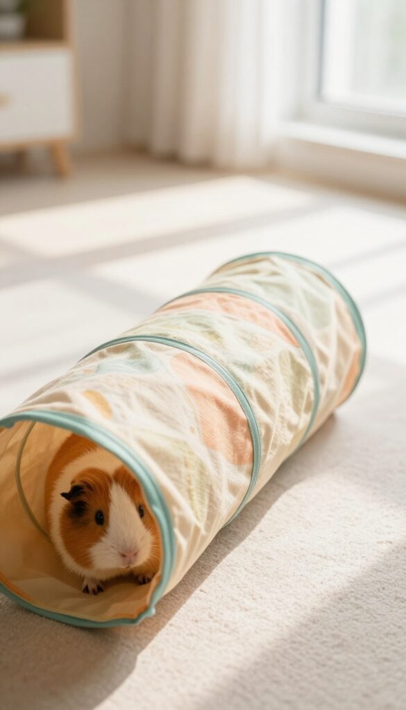 A guinea pig peeking out of a colorful fabric tunnel toy on a sunlit floor.
