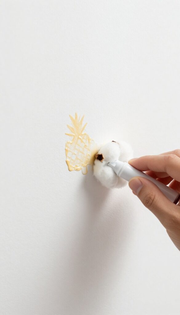 A cotton ball damp with rubbing alcohol blotting a permanent marker stain on a white wall, with the ink dissolving onto the cotton.