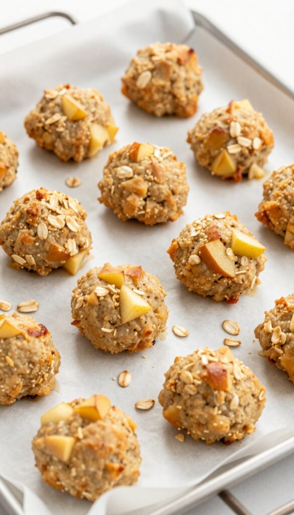 Homemade chicken and apple dog meatballs on a parchment-lined baking sheet, with oats and apple cubes nearby.