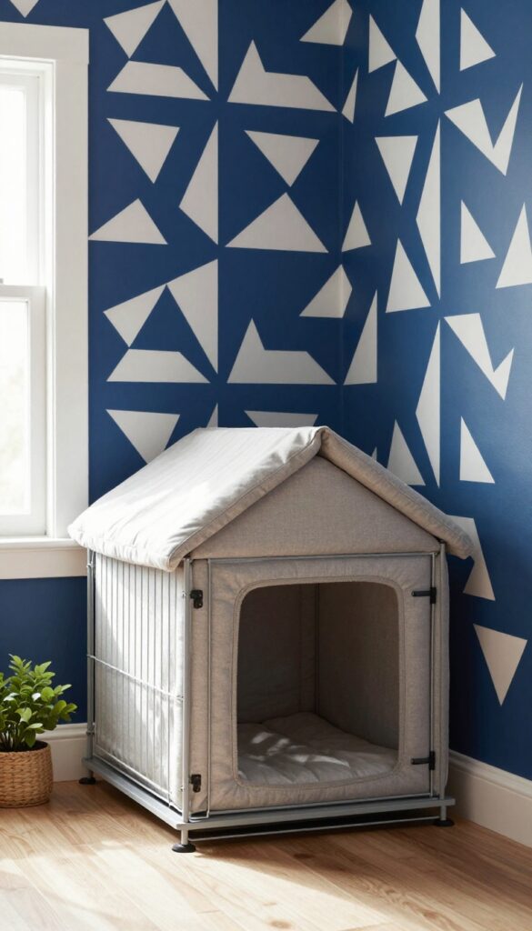 Dog crate against a painted accent wall with geometric pattern in a bright living room