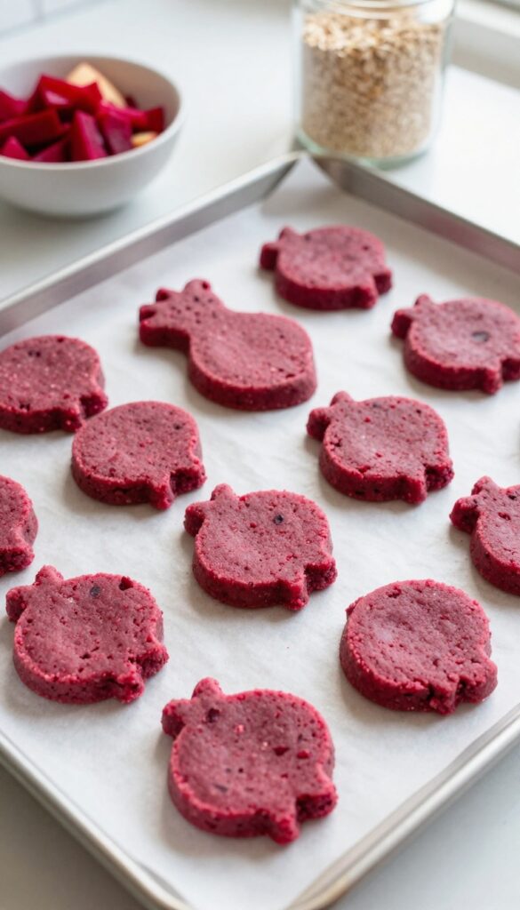 Homemade beet and apple dog training treats on a baking sheet, small and soft-baked, with a reddish-pink color and textured surface.