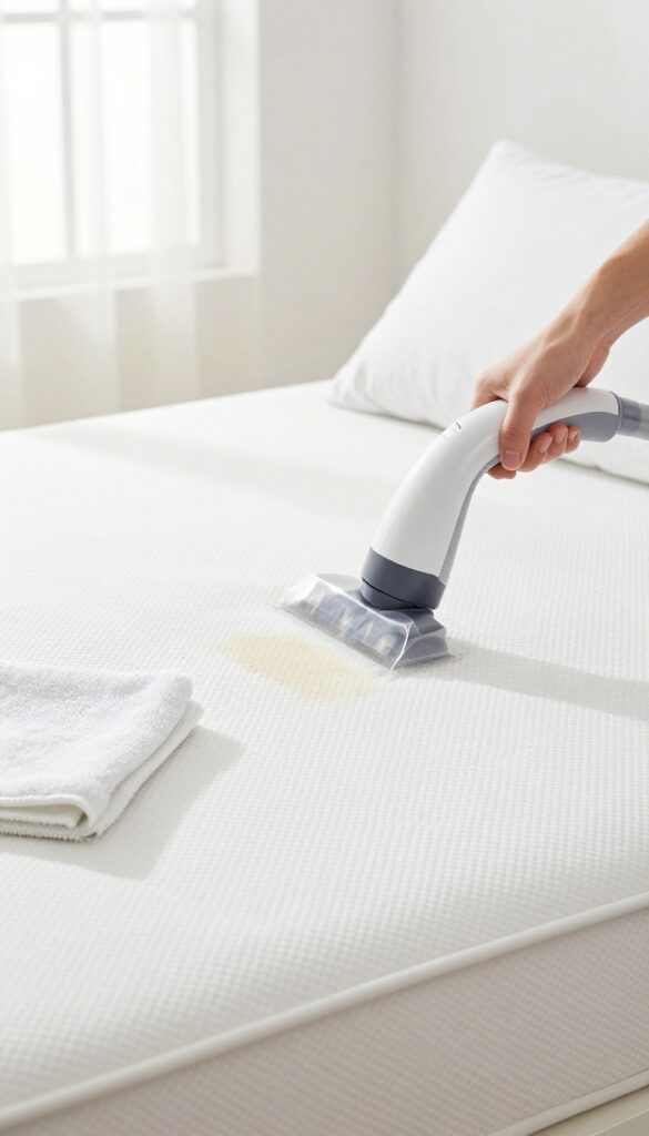 Steam cleaning a mattress stain with a handheld steamer in a bright bedroom