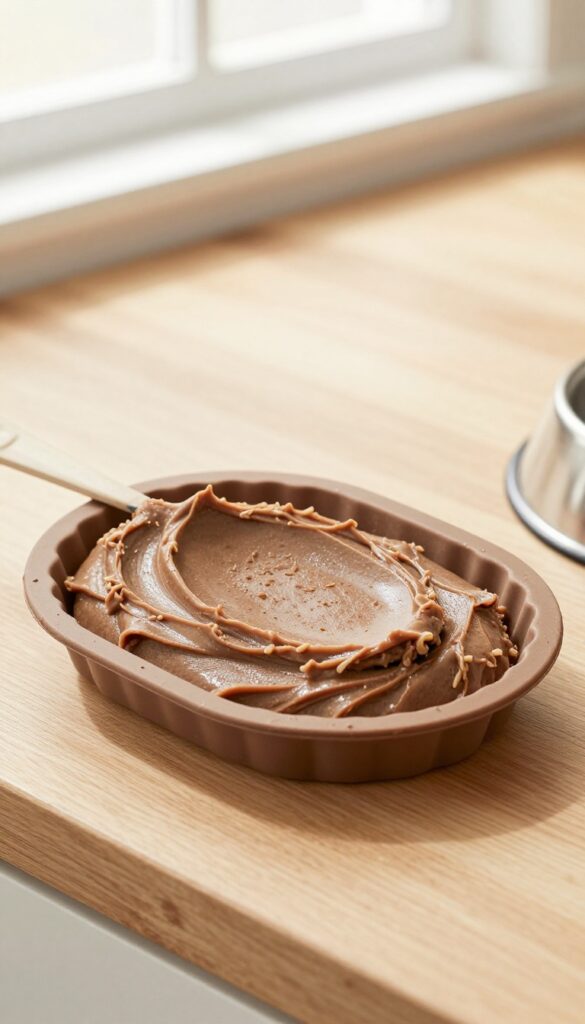 Homemade dog food paste made from liver and brown rice, smooth and spreadable, in a silicone mold tray on a wooden counter with a dog bowl nearby.