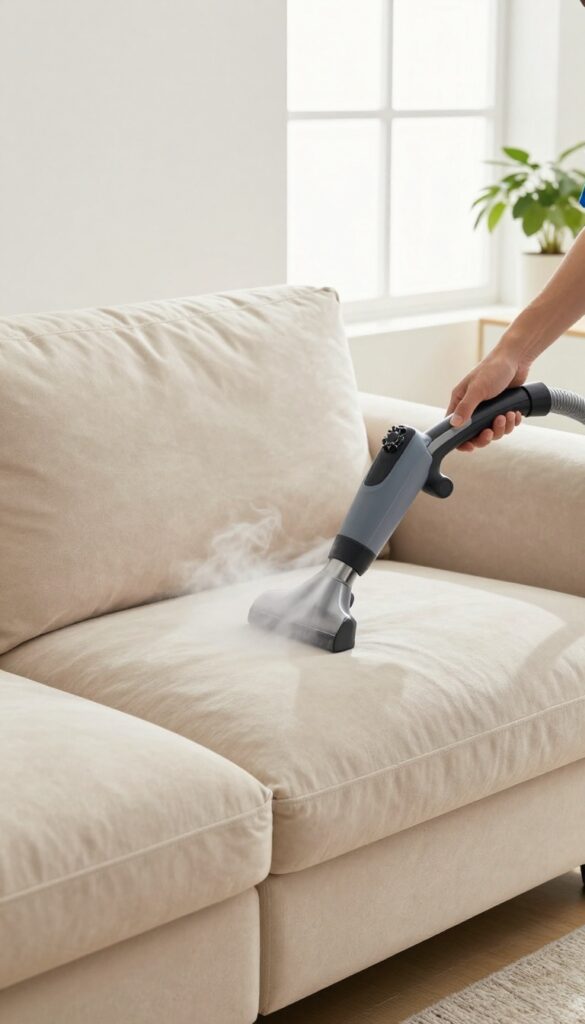 Professional steam cleaning a sofa in a bright living room